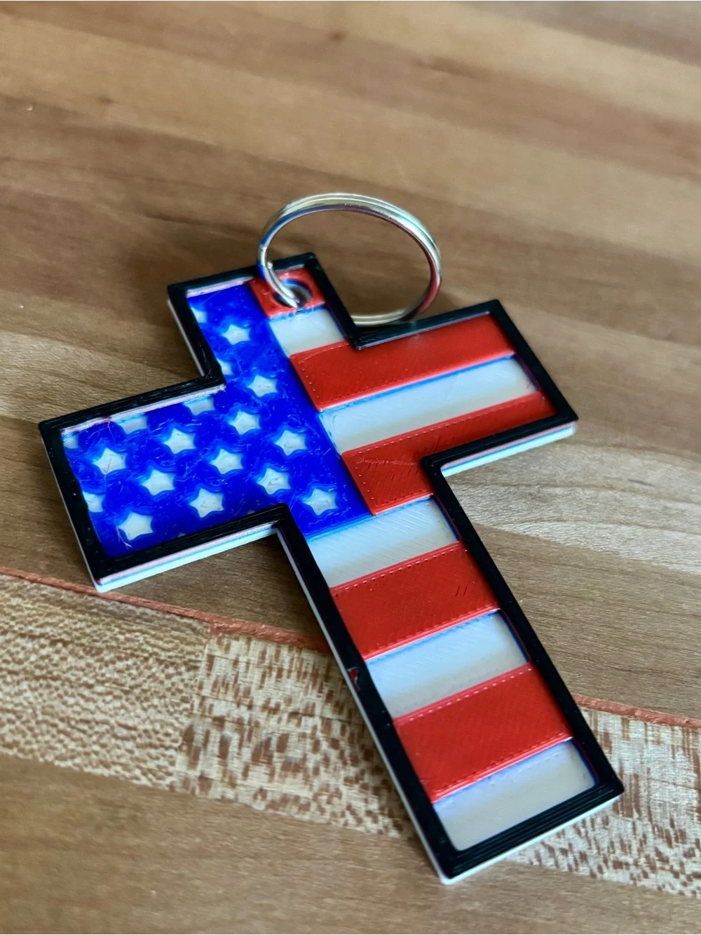 American Flag Cross Keychain – Patriotic Red, White & Blue Accent